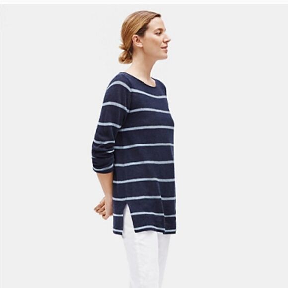 Eileen Fisher | Navy Striped tencel alpaca Tunic Sweater PP (XS) - Picture 1 of 5